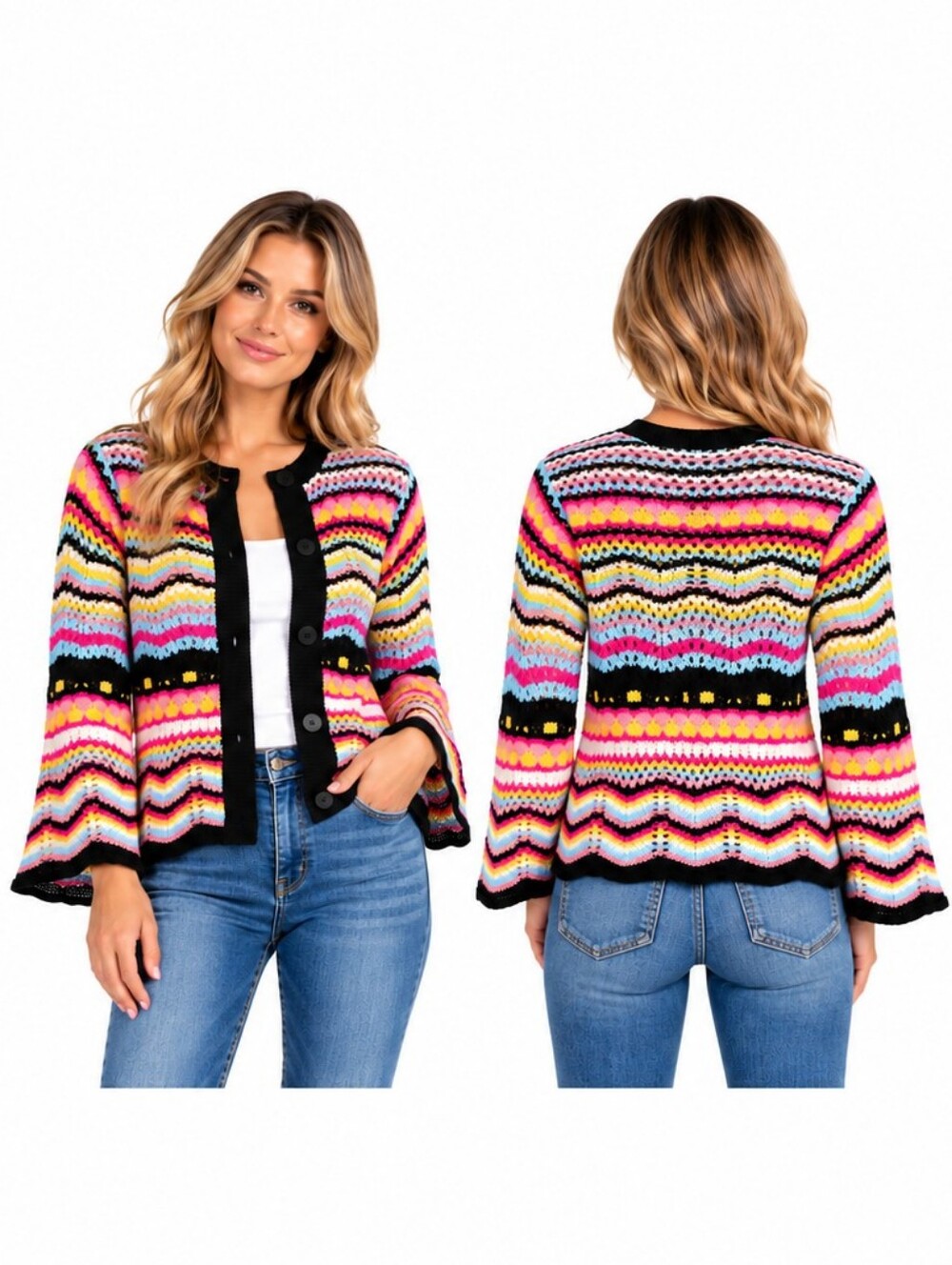 Colorful Crochet Knit Cardigan Sweater Black Pink Blue Yellow Button Front